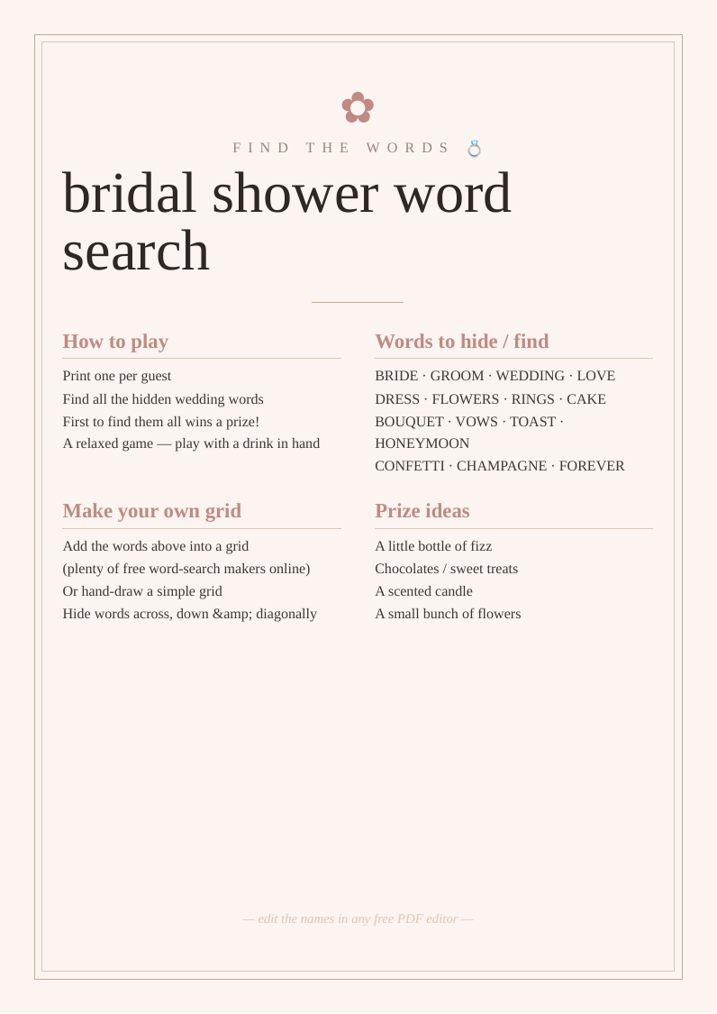 Bridal shower word search