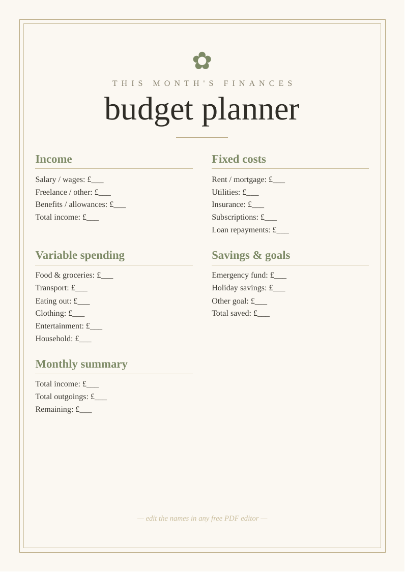 Monthly budget planner printable template