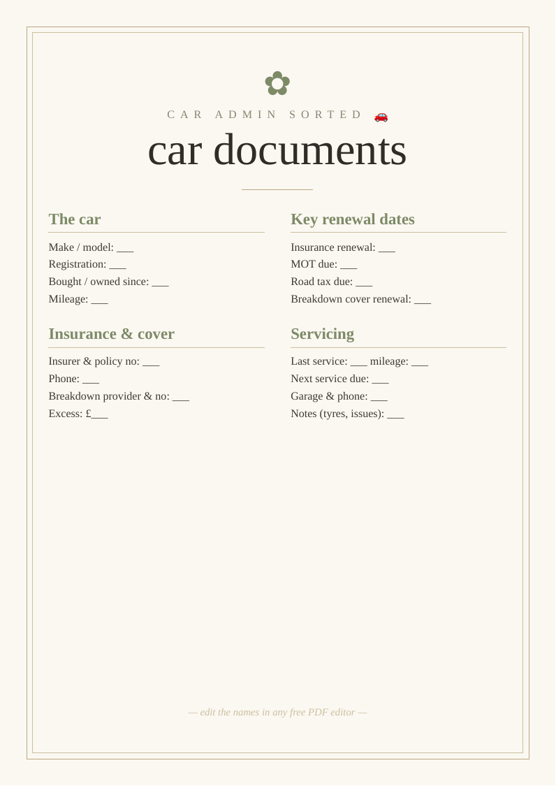 Car documents organiser