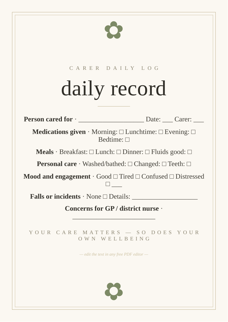 Daily carer log for family carers
