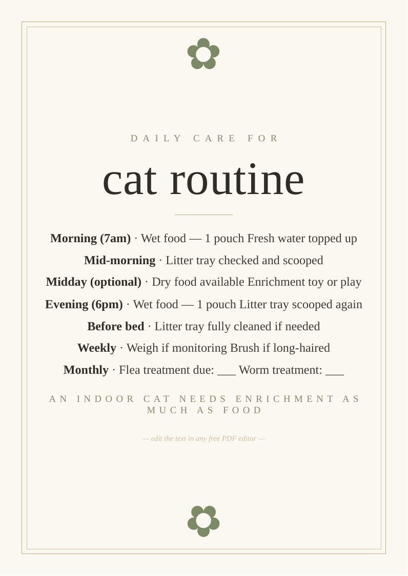 Cat daily care routine printable