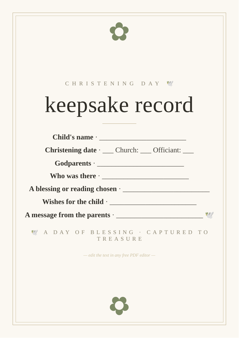 Christening day keepsake record