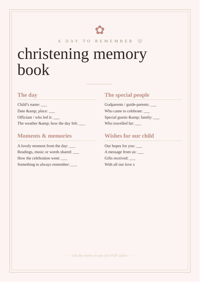 Christening memory book pages