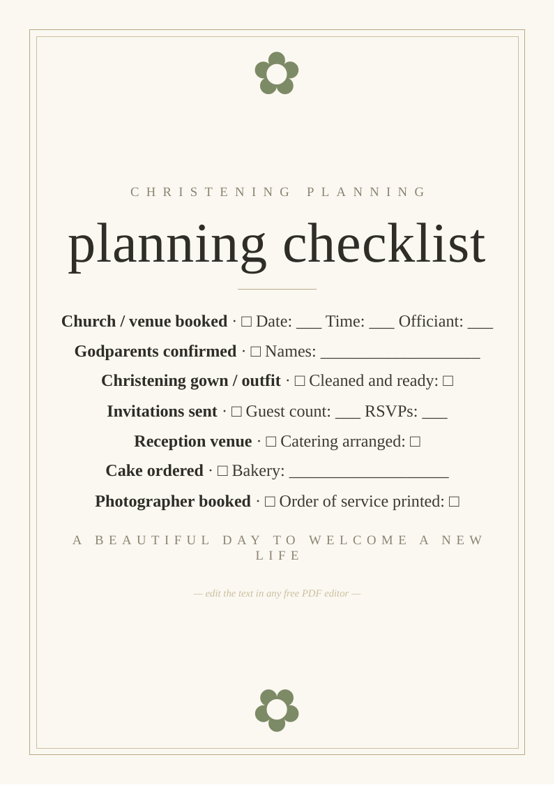 Christening planning checklist