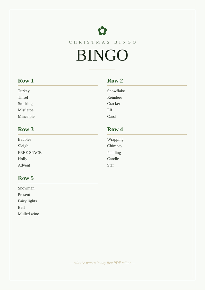 Christmas bingo card
