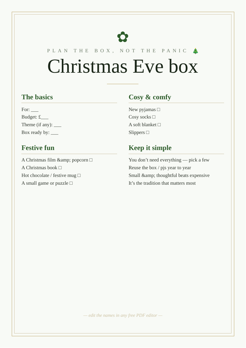 Christmas Eve box contents checklist