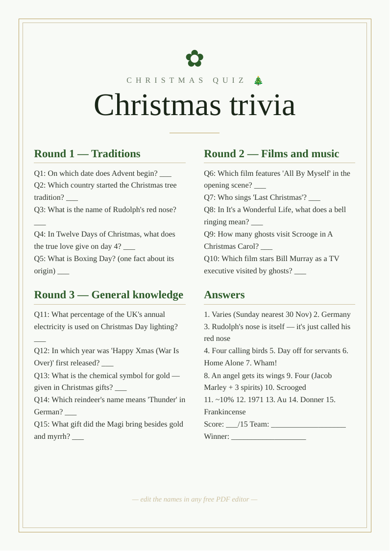 Christmas trivia quiz sheet