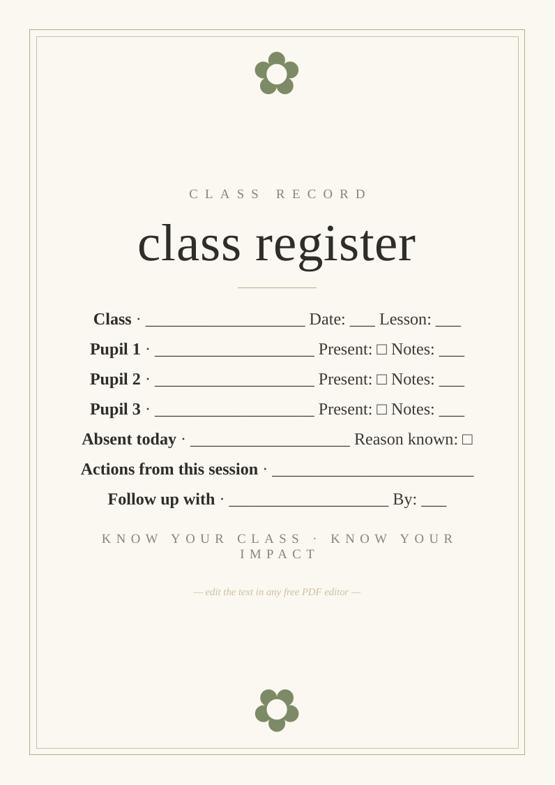 Class register and record sheet