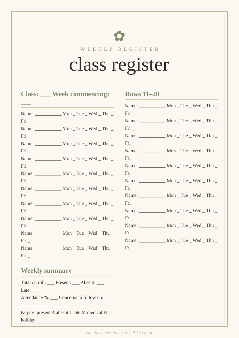 Class register sheet