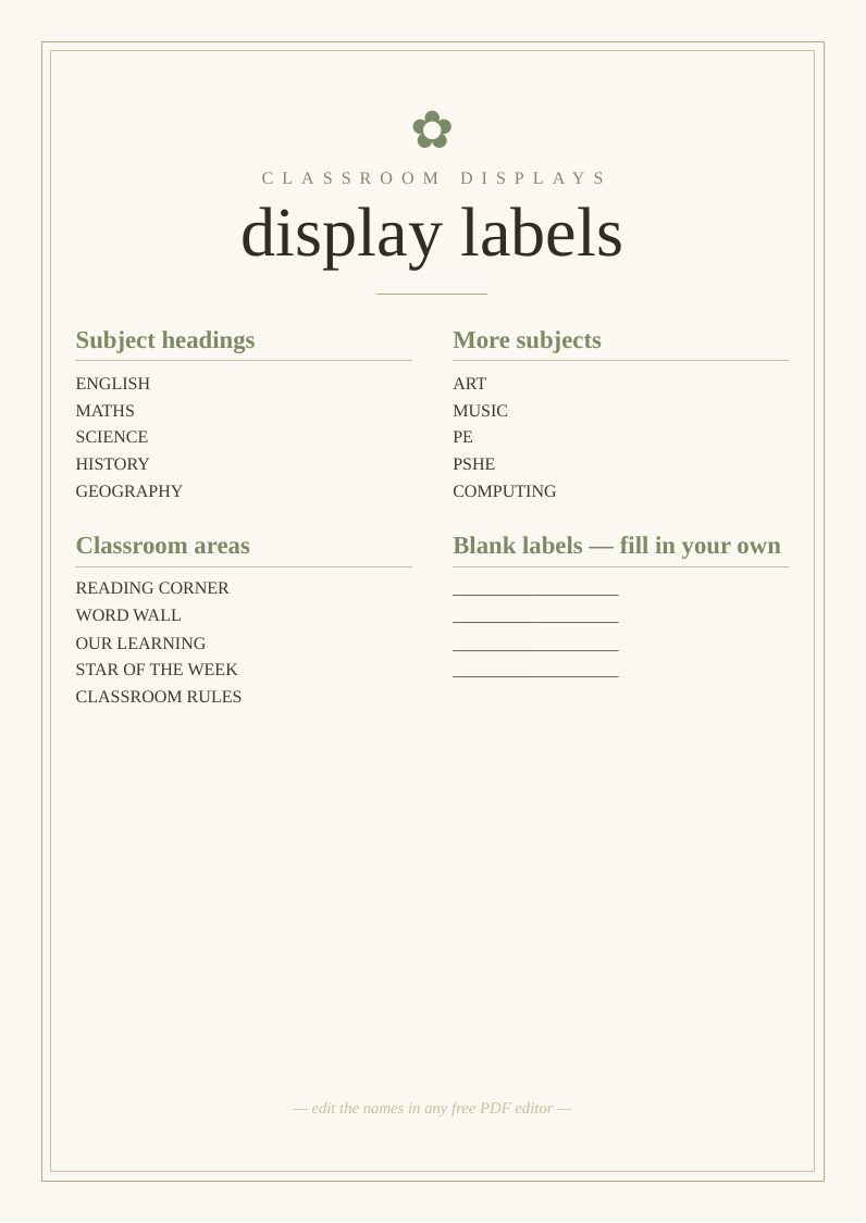 Classroom display labels