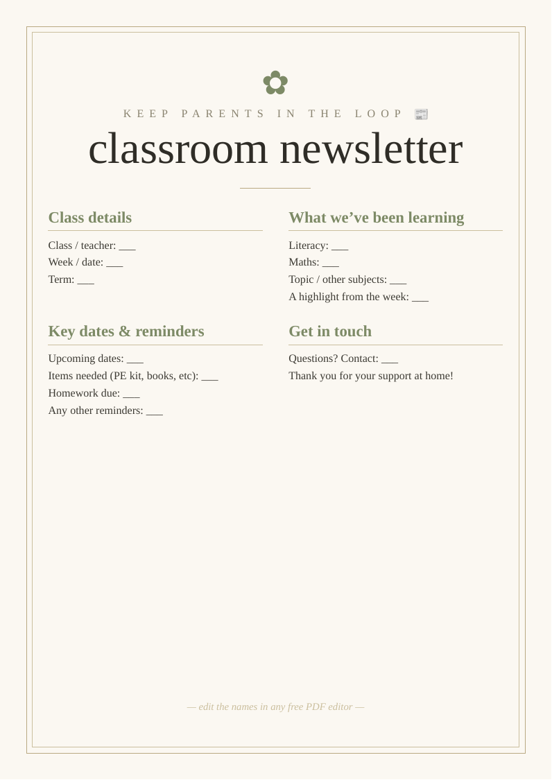 Classroom newsletter template