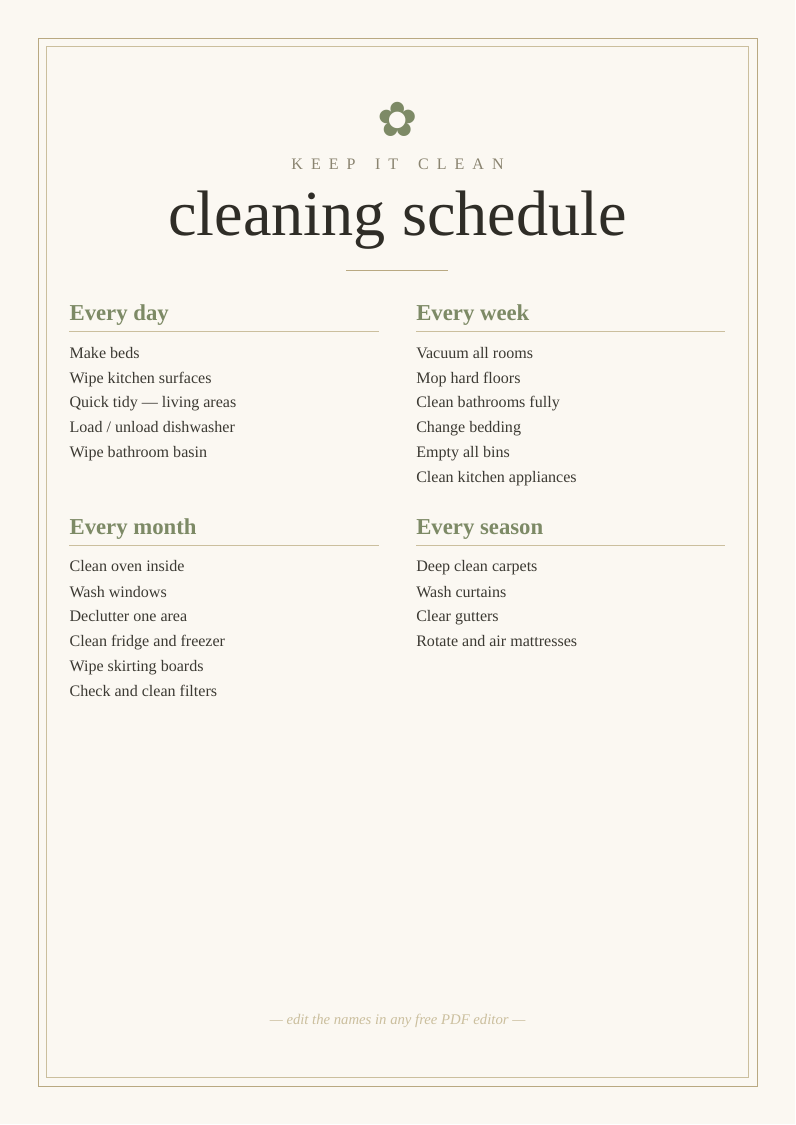 Cleaning schedule printable template