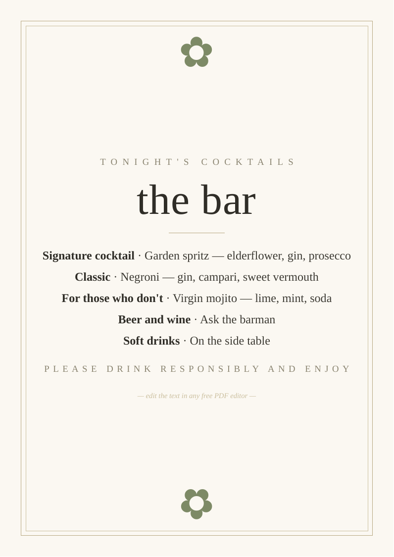 Cocktail menu sign