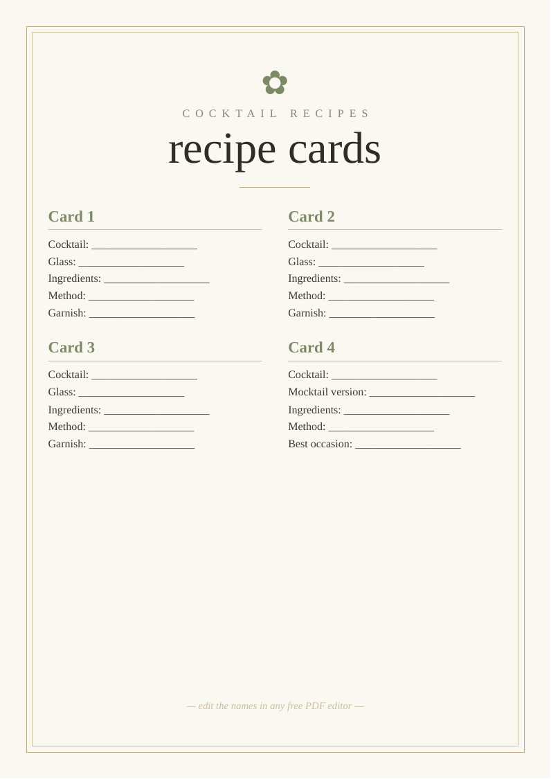 Cocktail recipe cards
