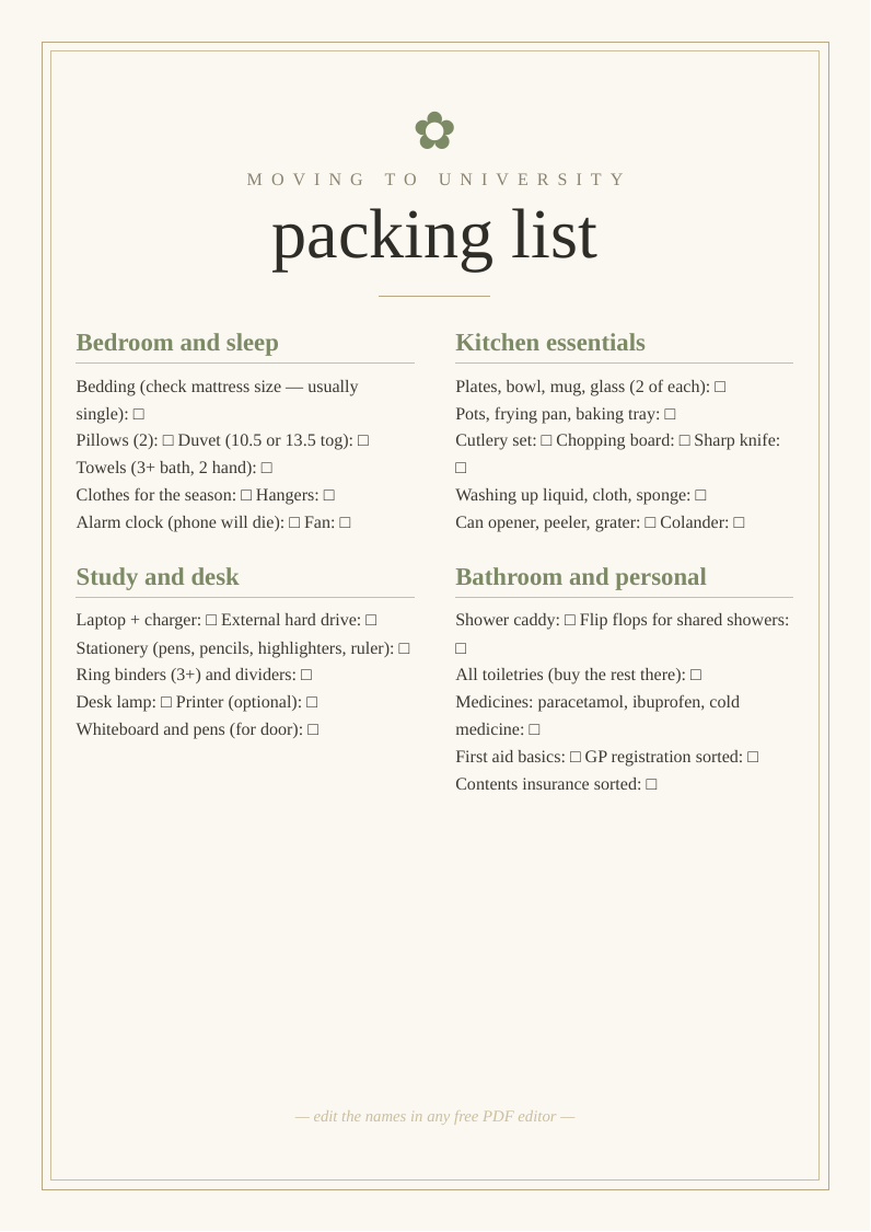University packing list printable freshers students