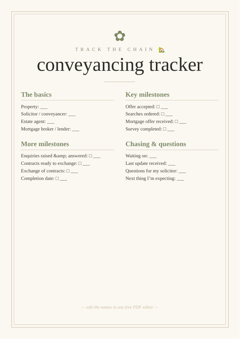 Conveyancing tracker printable house buying selling progress sheet legal process home key milestones documents waiting chain progress chase right people right time solicitor moving