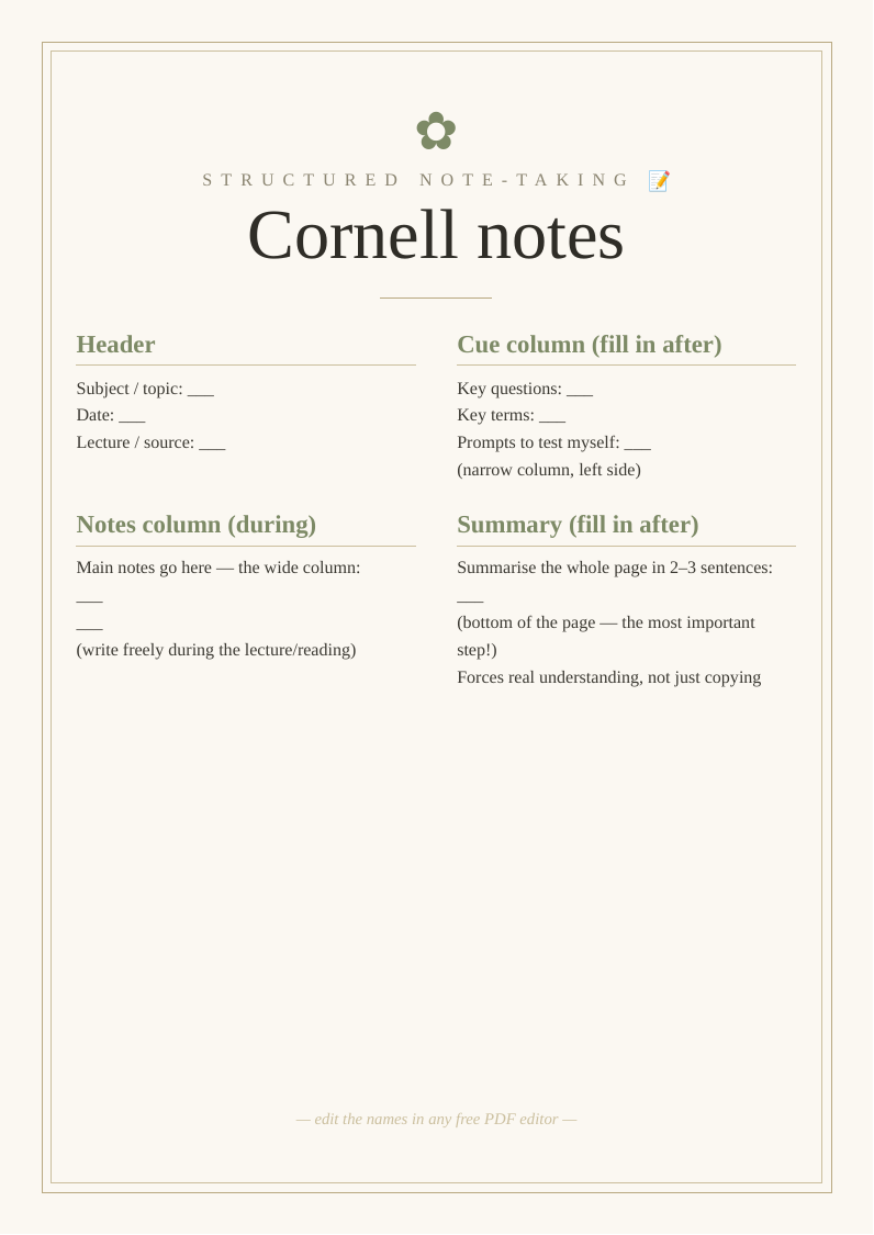 Cornell notes template printable structured note taking sheet clearer useful notes format cues detailed notes summary process review information plain page writing study lecture revision