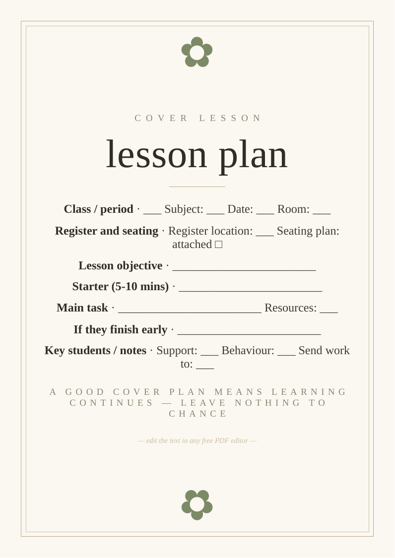 Cover lesson plan template