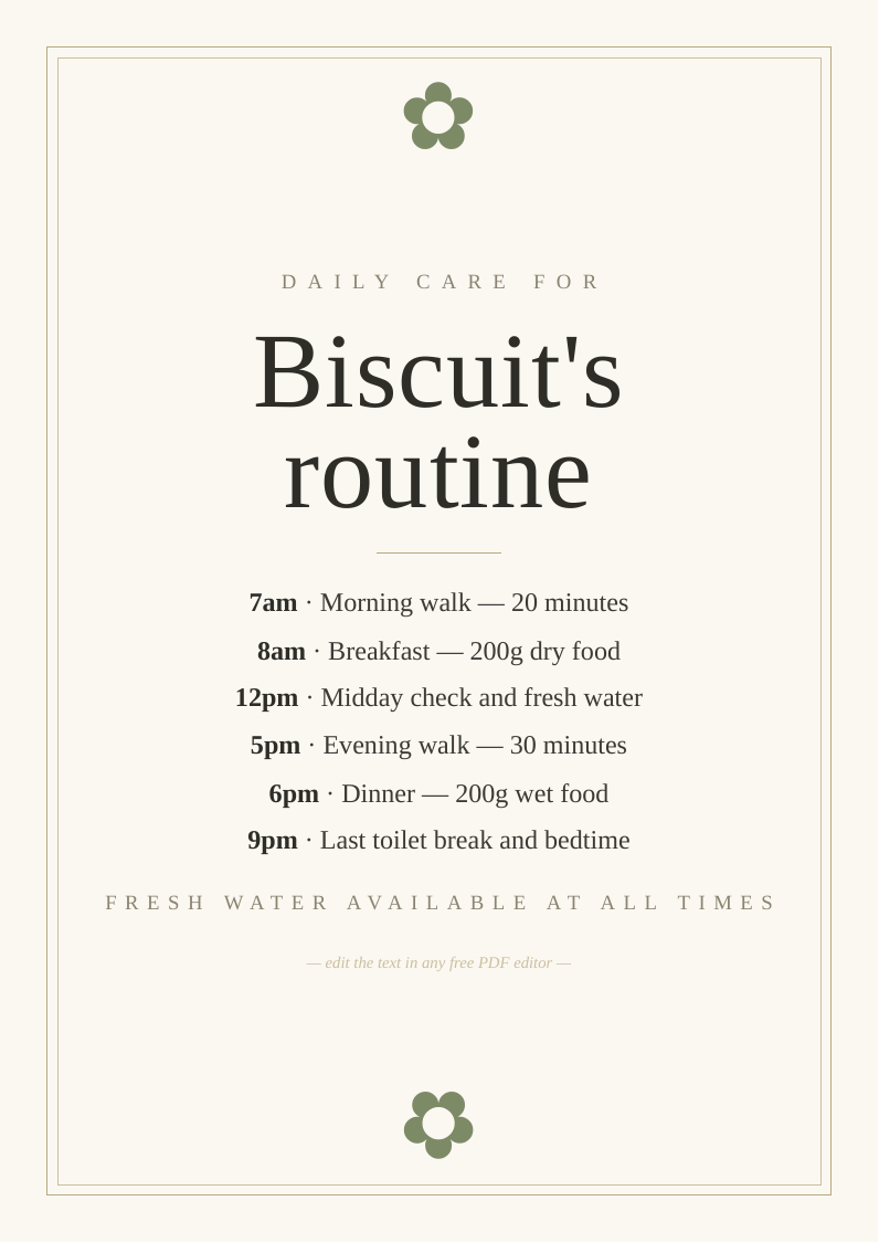 Pet daily care schedule printable