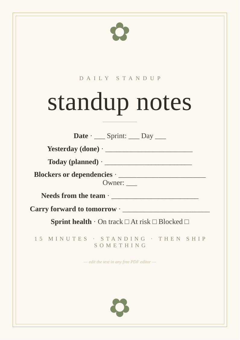 Daily standup notes sheet