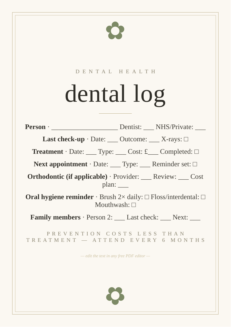 Dental health and appointment log