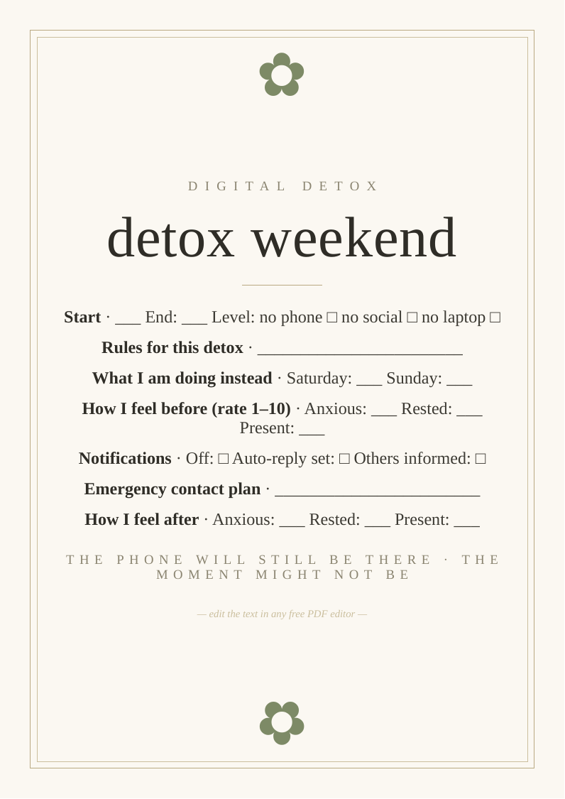 Digital detox planner printable weekend guide rules fill time before after measure feel
