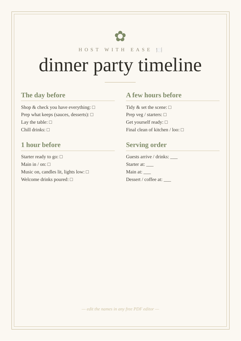 Dinner party countdown timeline