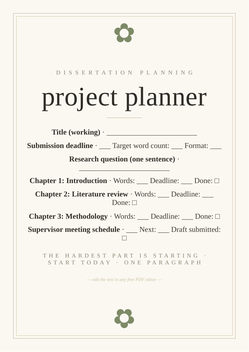 Dissertation planner printable research project chapters deadlines word counts stages