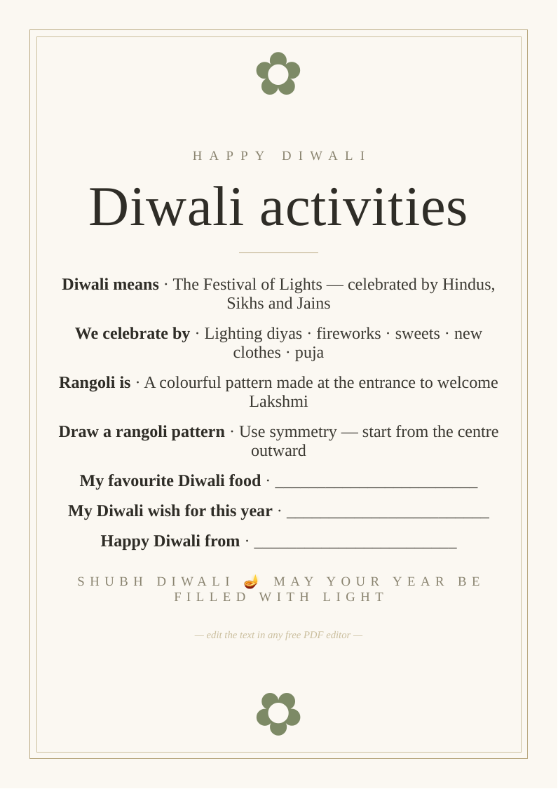 Diwali activity sheet for children