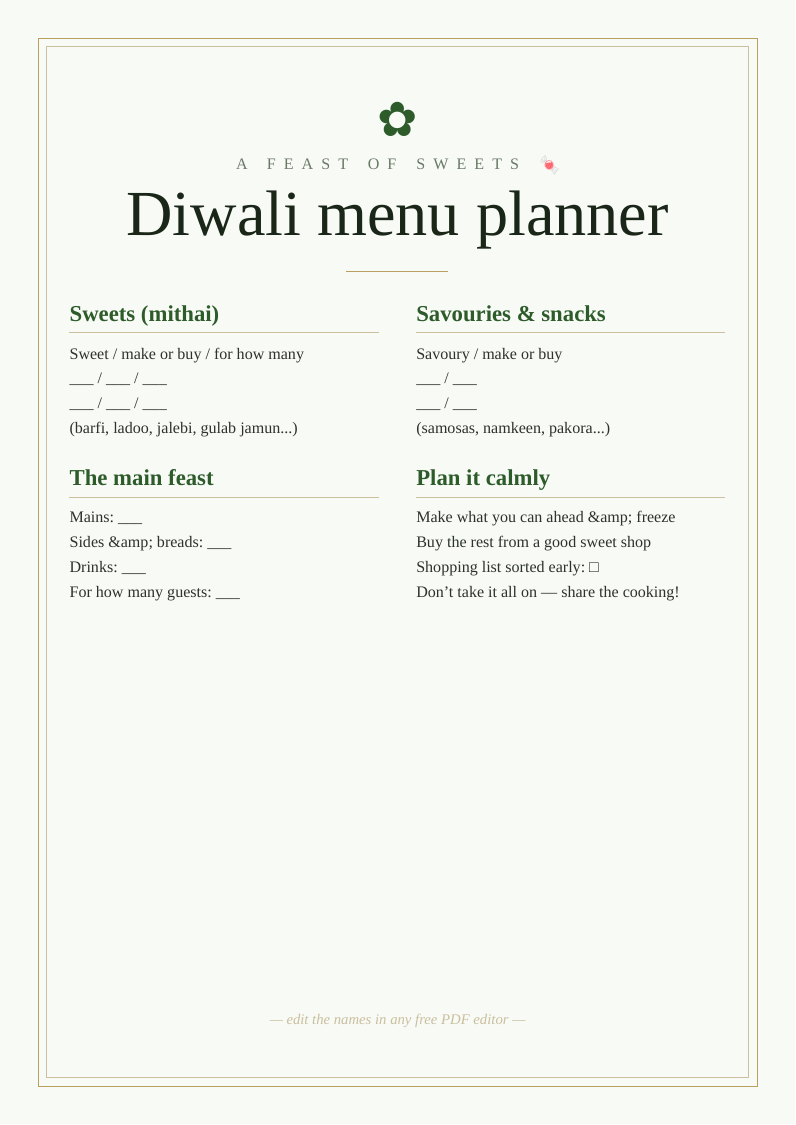 Diwali sweets & menu planner