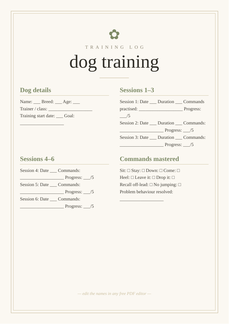 Dog training log printable session tracker
