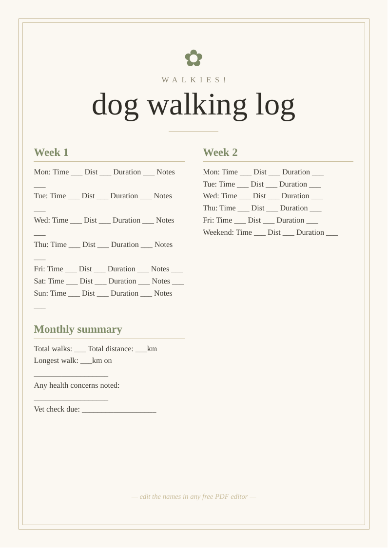 Dog walking log printable monthly