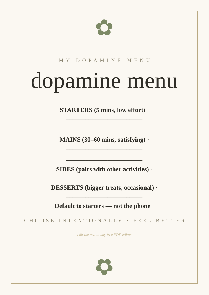 Dopamine menu planner printable activities wellbeing
