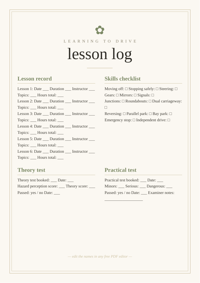 Driving lesson log