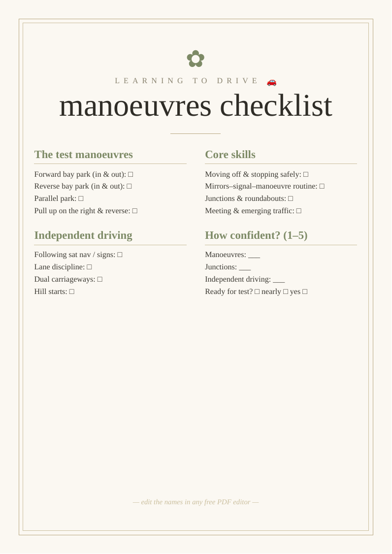 Driving manoeuvres checklist