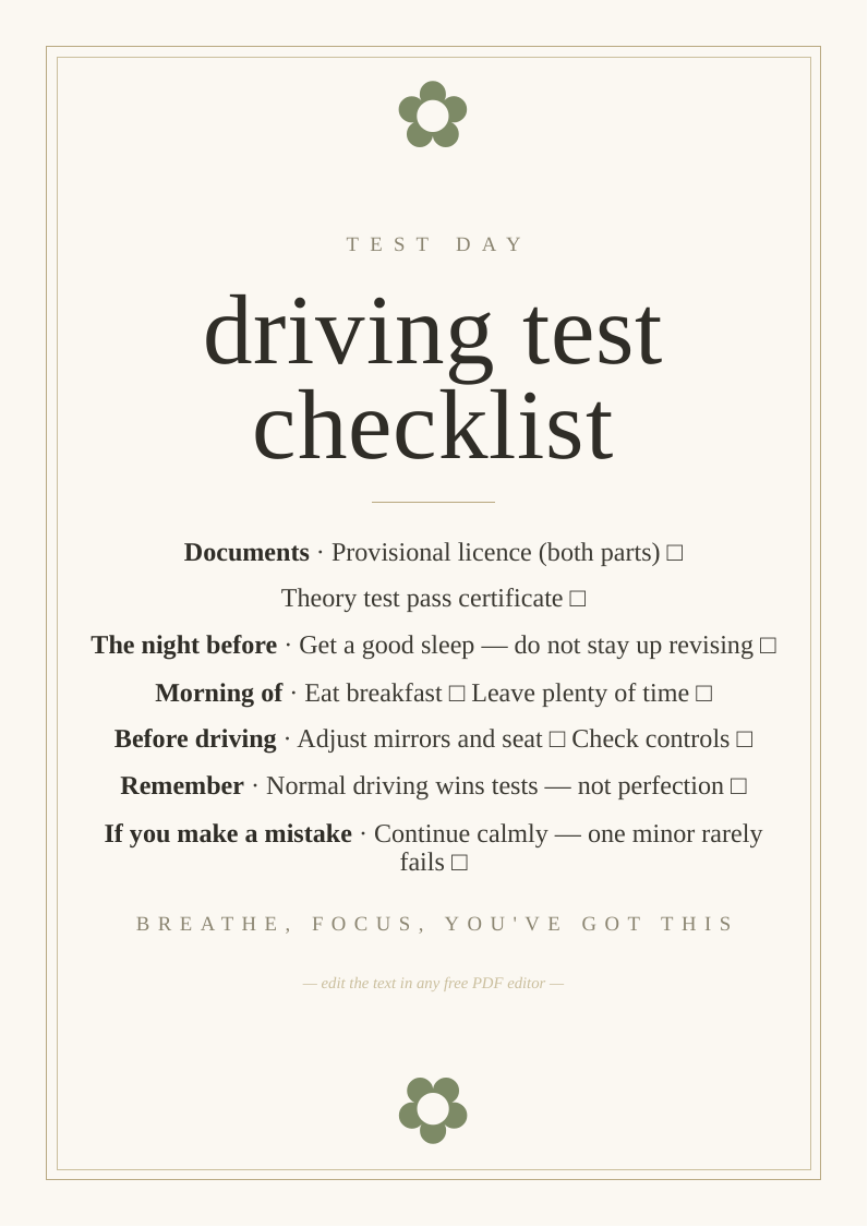 Driving test day checklist
