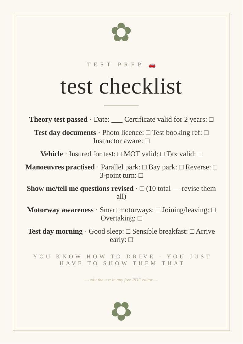 Driving test preparation checklist