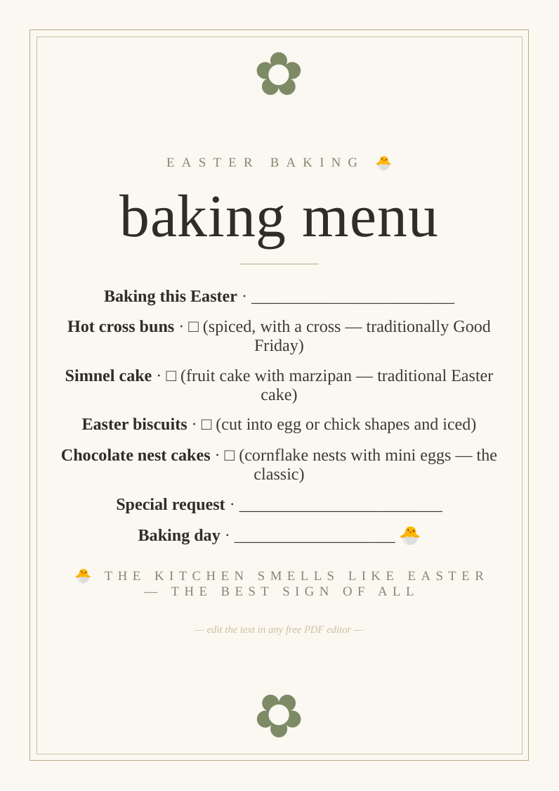 Easter baking menu sign
