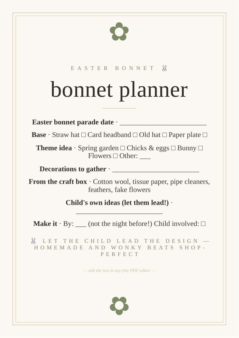 Easter bonnet planning sheet