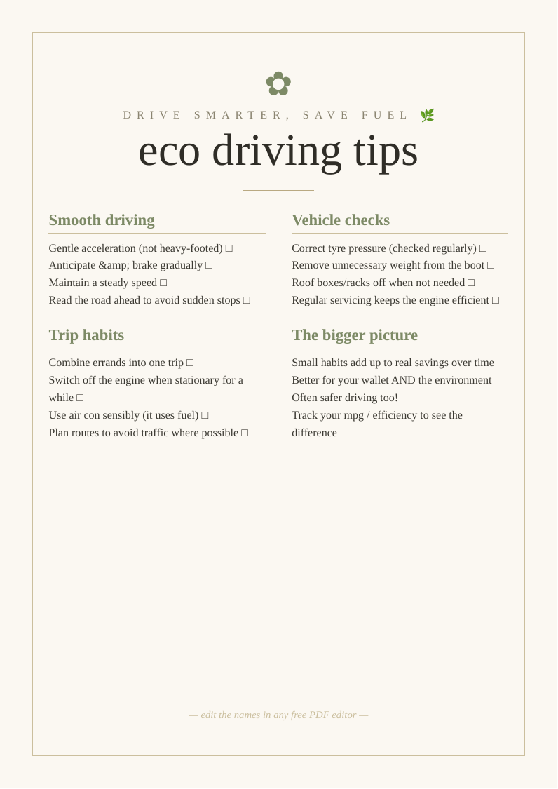 Eco driving tips checklist