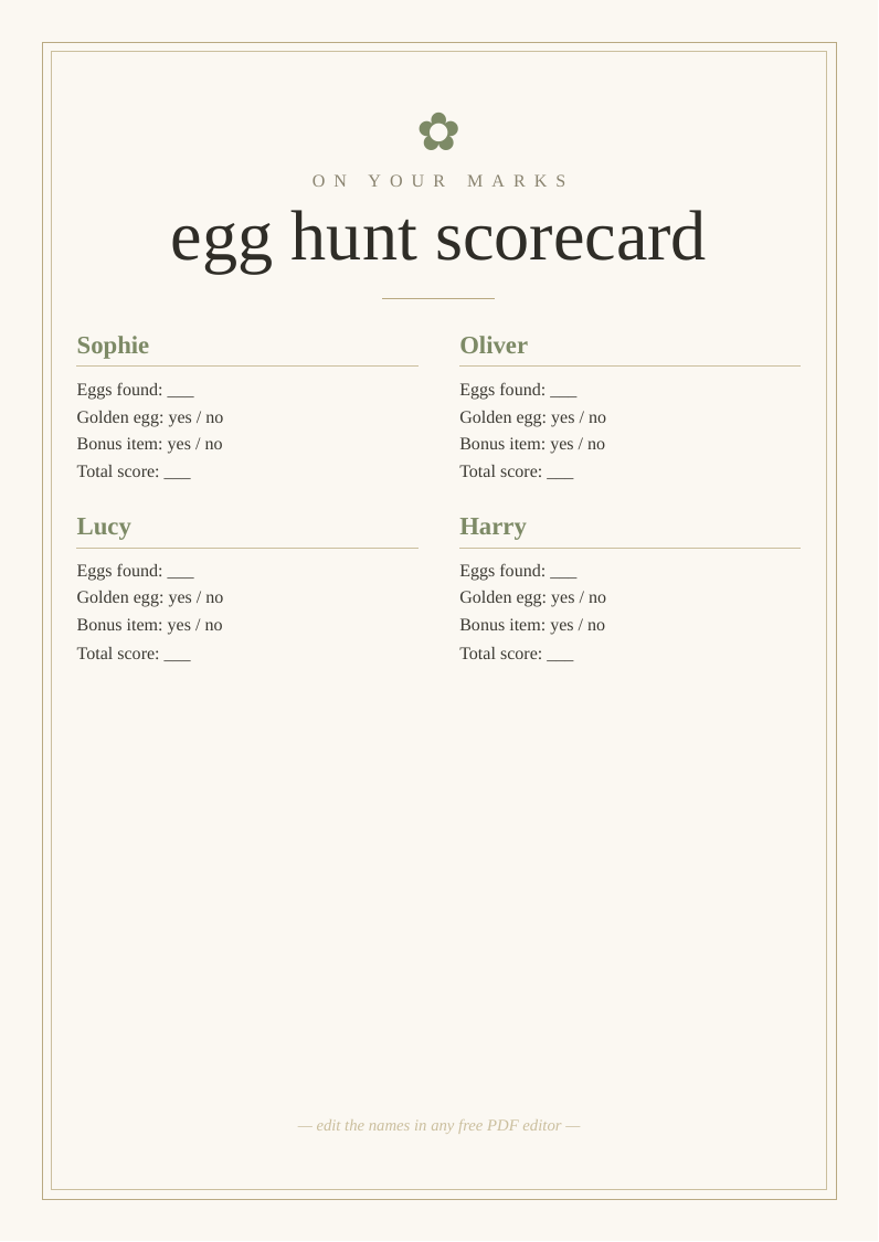 Egg hunt scorecard