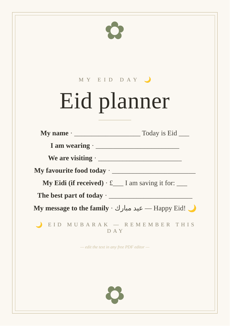 Eid day planner for children