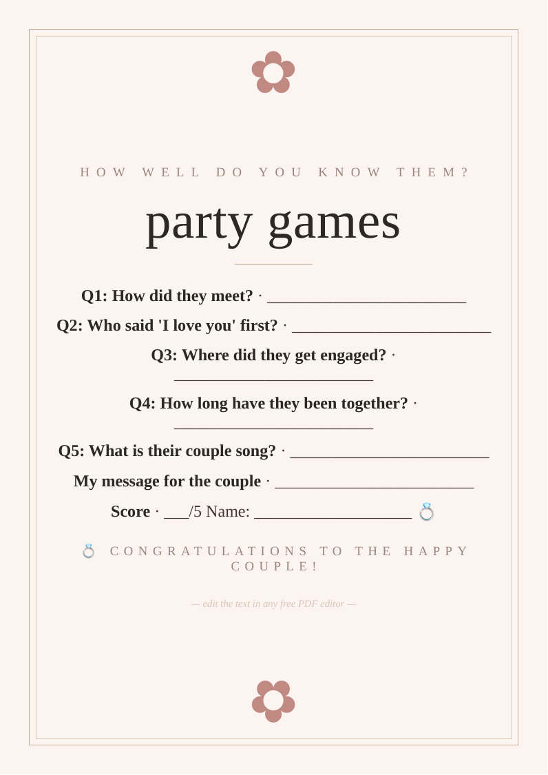 Engagement party games sheet