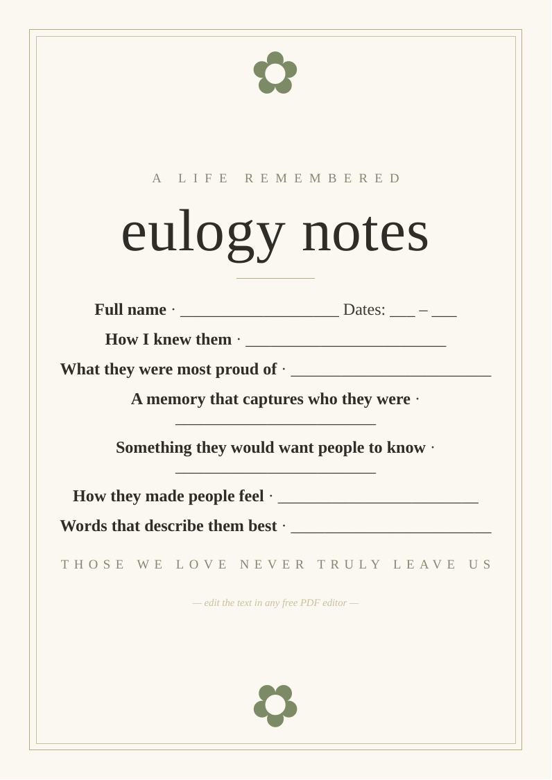Eulogy planning notes