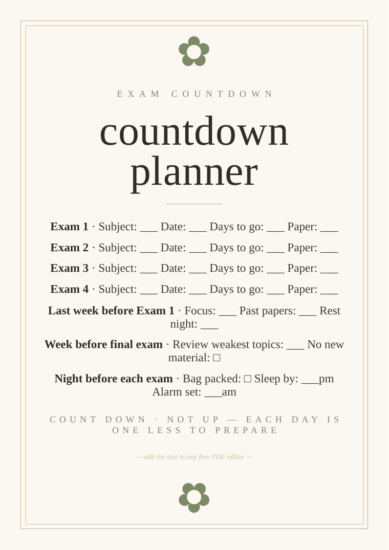 Exam countdown planner printable revision map exam date days remaining weeks subjects assigned prepare