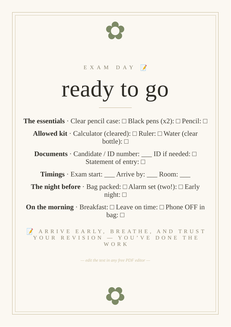 Exam day checklist