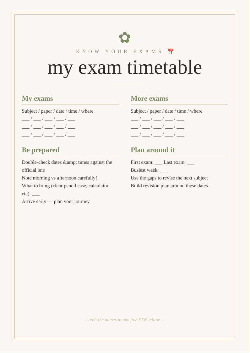 Personal exam timetable