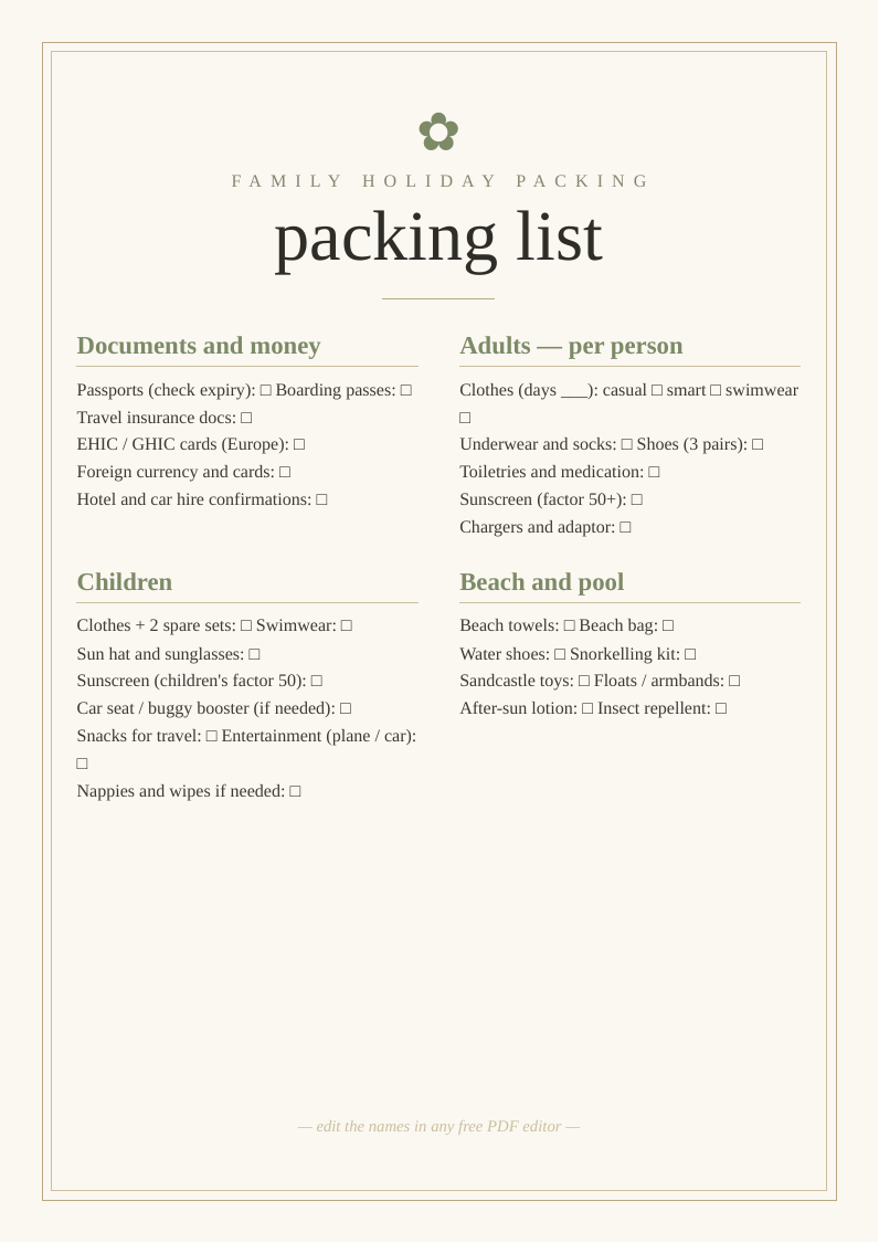 Family holiday packing list printable template