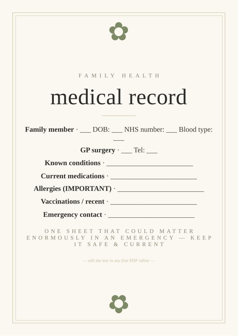 Family medical record sheet