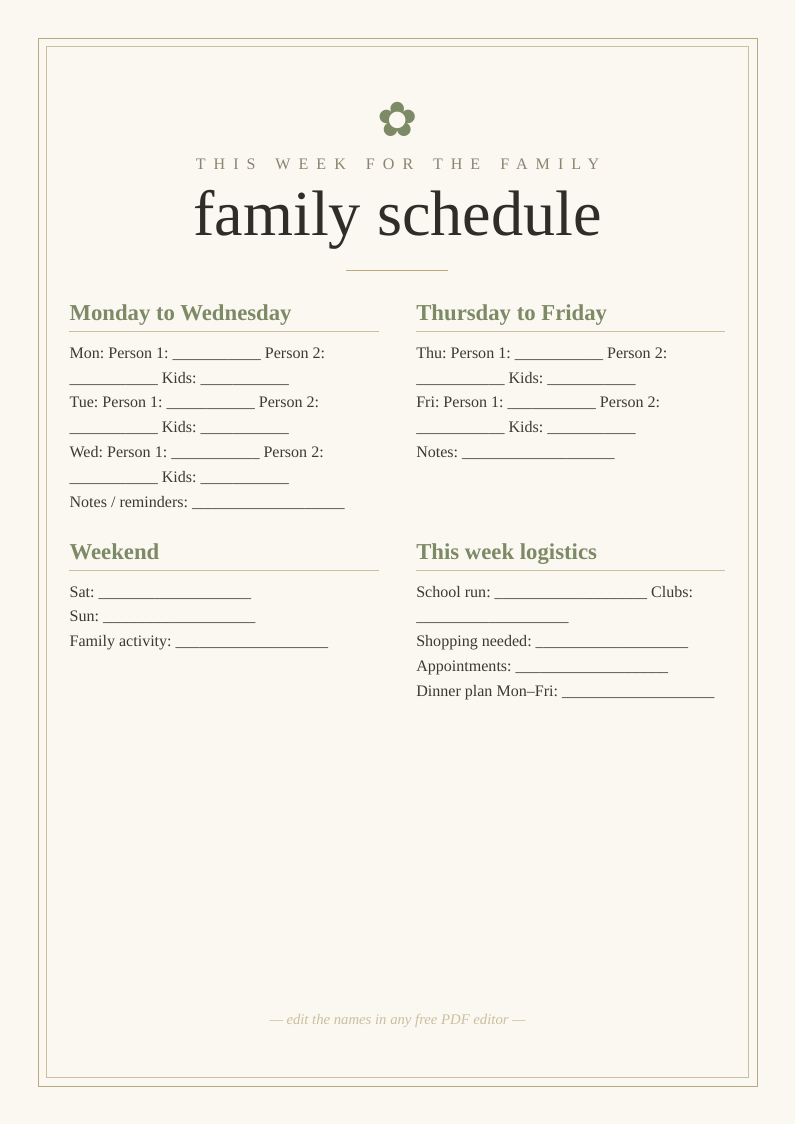 Family weekly schedule